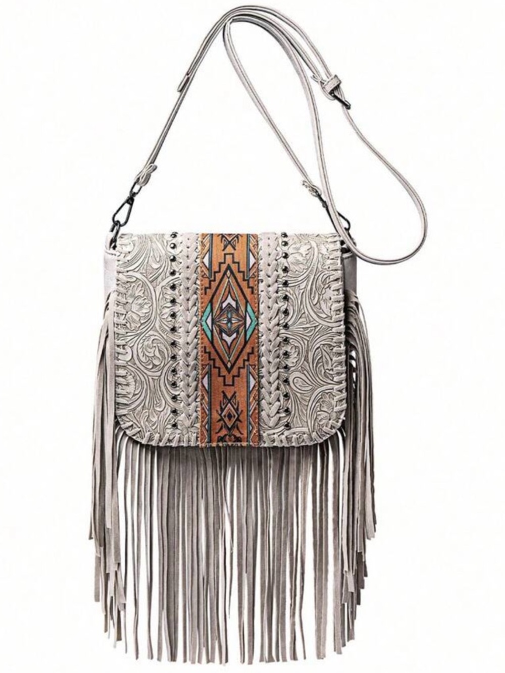 Light Gray Embossed Fringe Crossbody with Aztec Stripe